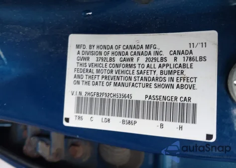 2012 Honda Civic Ex-L z USA, uszkodzony, nr VIN 2HGFB2F92CH535645